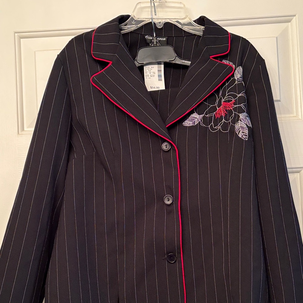 Vintage Black Pinstripe Women's Blazer and pants set with Red Accents nwt